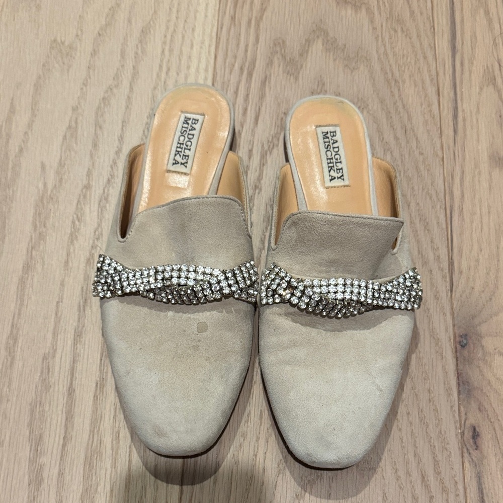 Badgley Mischka Cream Mules with Sparkling Bow
